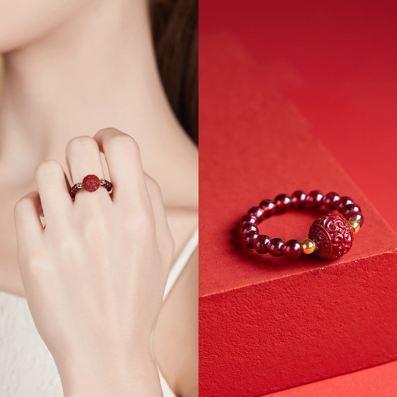 Cinnabar Greek Key Bead Ring with Garnet and 14K Gold Accents
