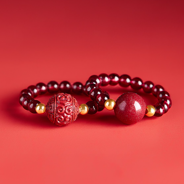 Cinnabar Greek Key Bead Ring with Garnet and 14K Gold Accents
