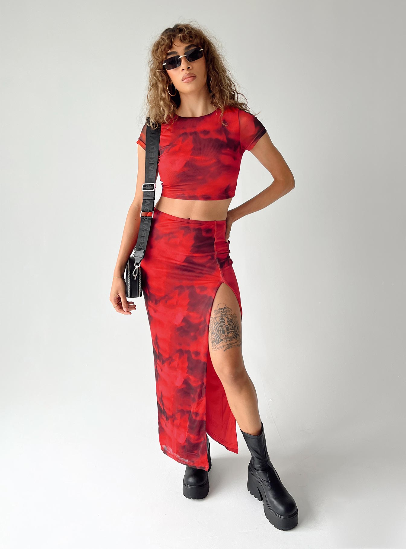 Rosie Mesh Set Red Multi women's skirt set by Ellevoria