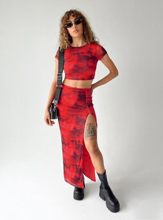 Rosie Mesh Set Red Multi women's skirt set by Ellevoria