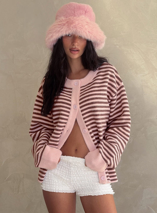 Darnelle Button Up Knit Cardigan Pink Stripe women's sweater by Ellevoria