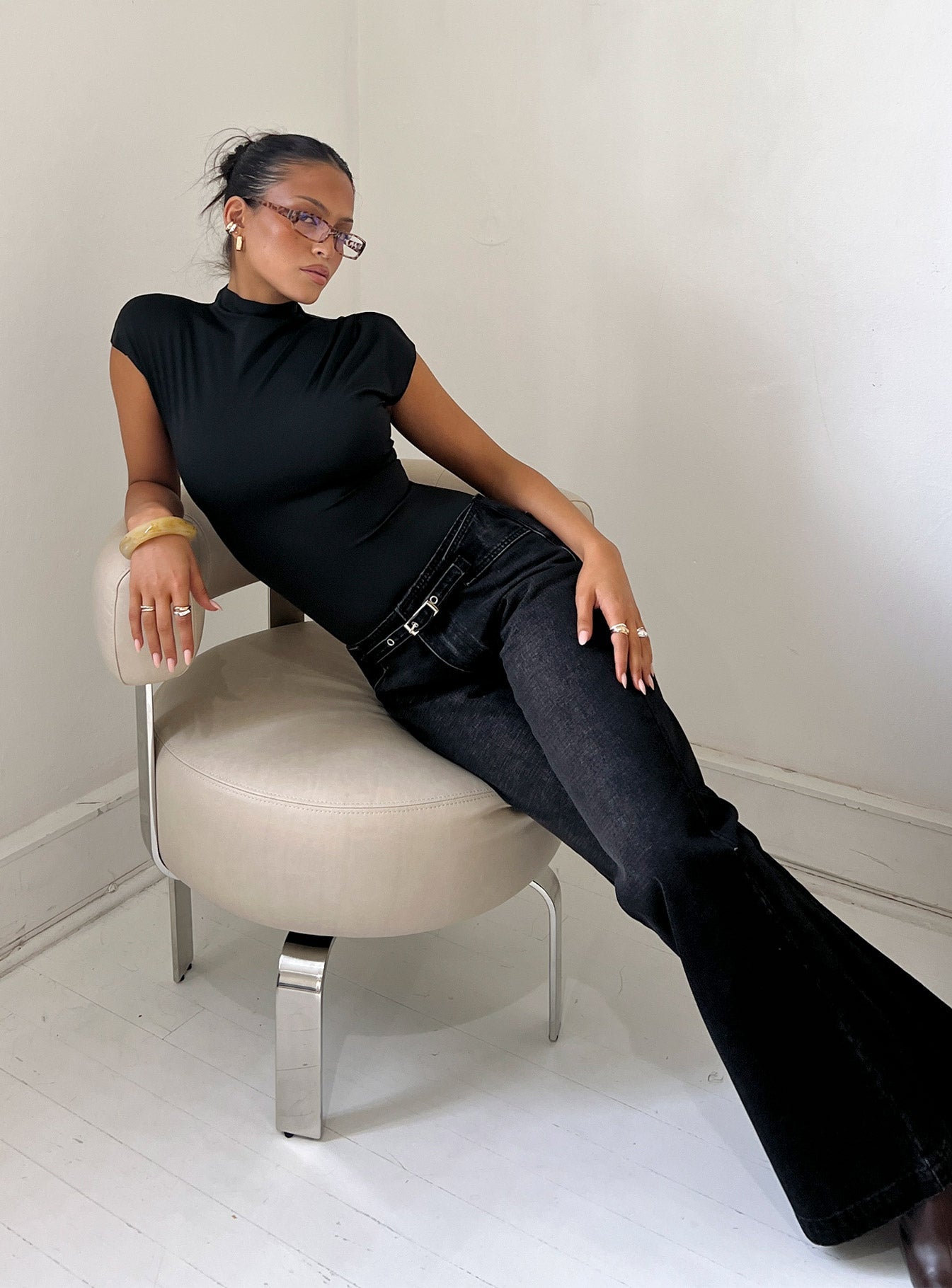 Slow Ride Mid Rise Bootleg Belted Jeans Washed Black women's denim jeans by Ellevoria