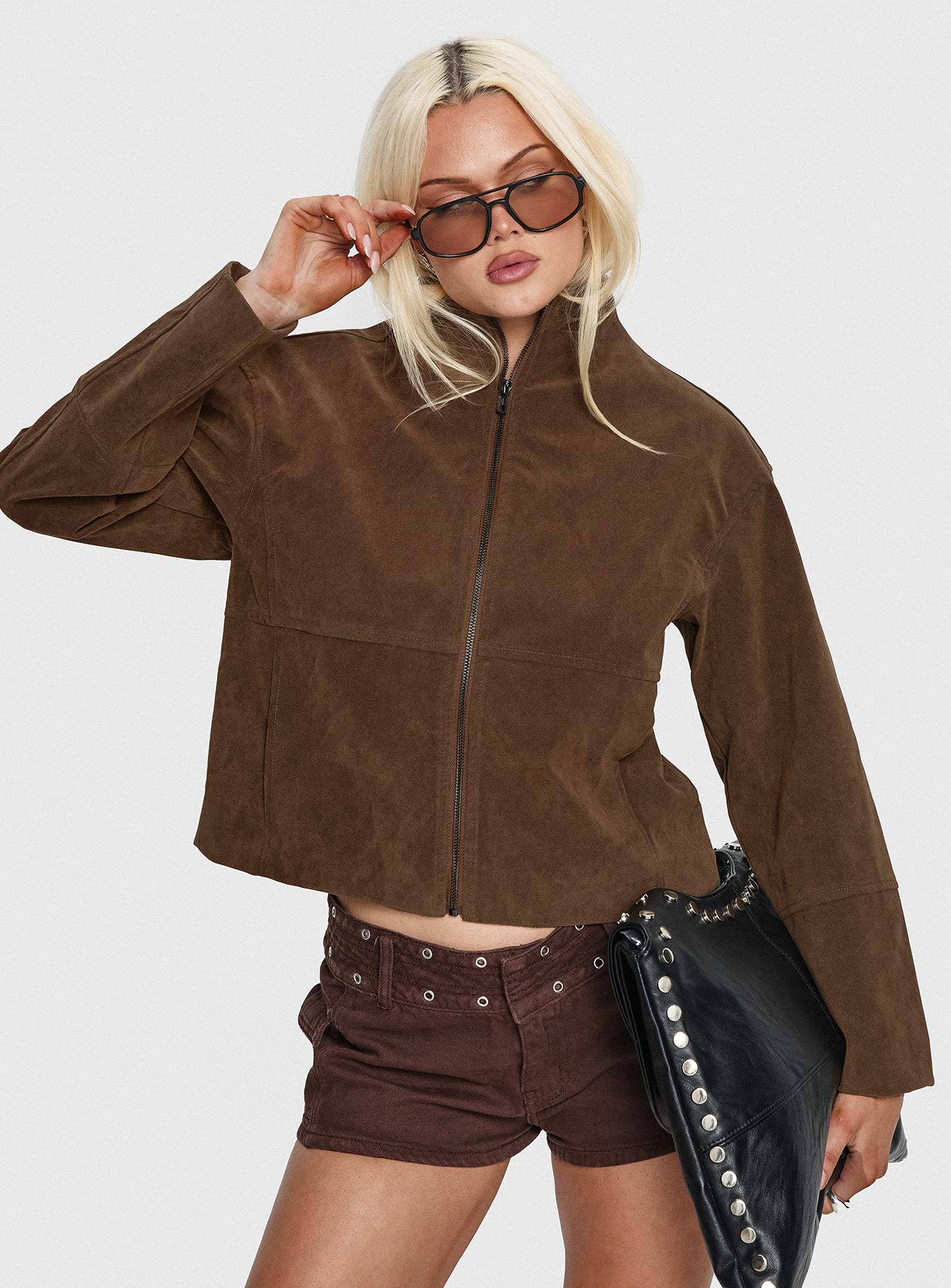 Jessalynn Faux Suede Zip Through Jacket Brown women's jacket by Ellevoria