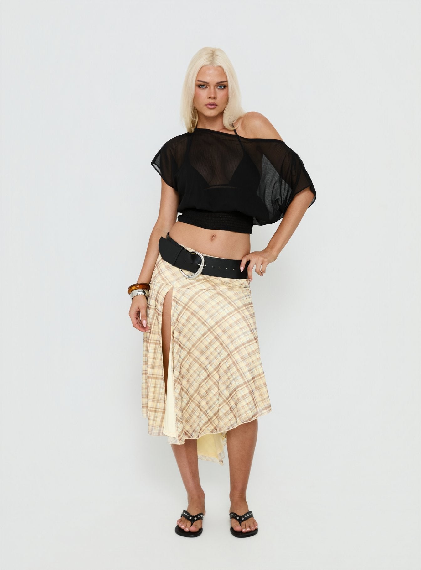 Dulciana High Split Asymmetrical Midi Skirt Multi Check women's skirt by Ellevoria
