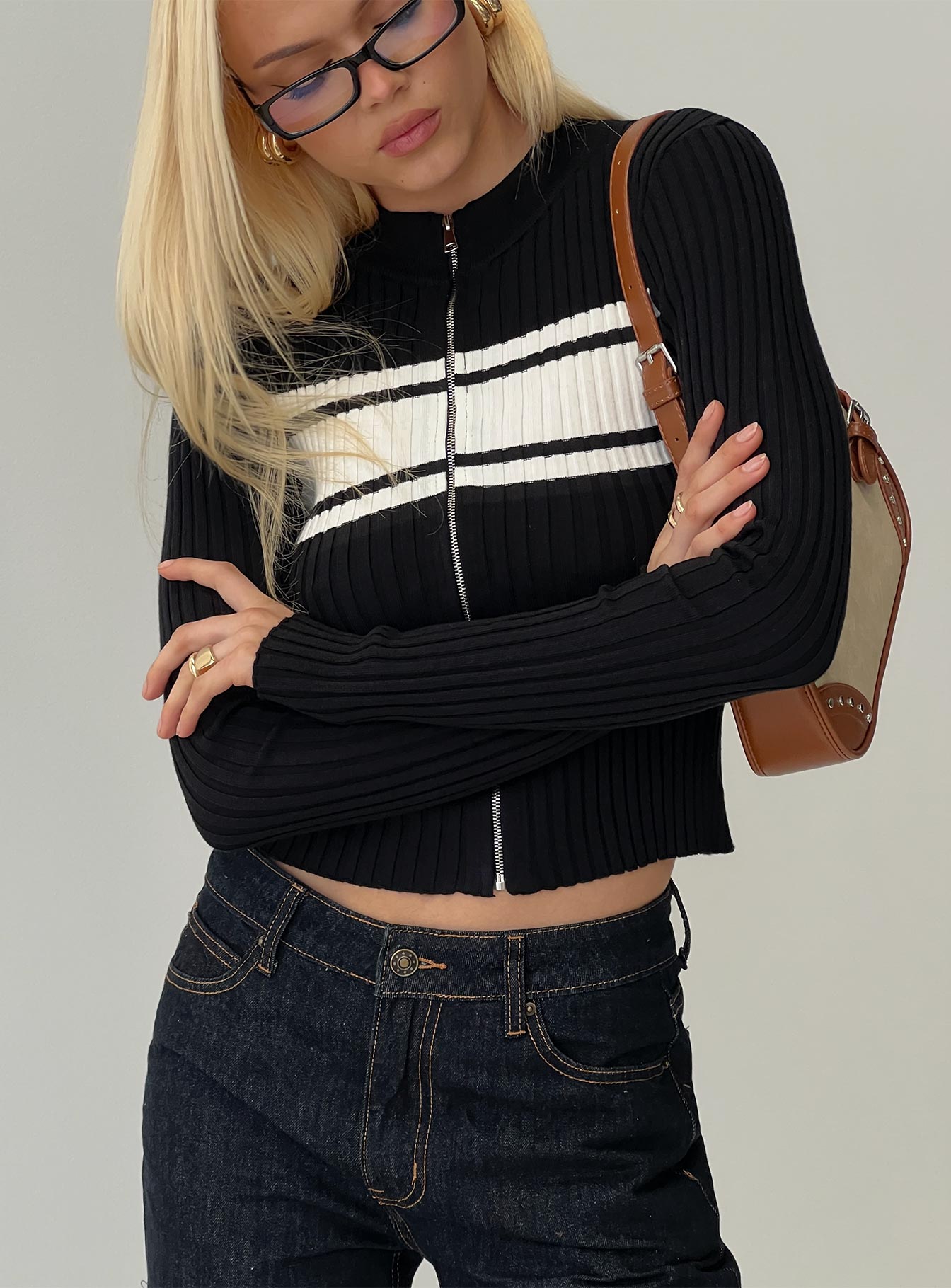 Decisive Zip Through Knit Sweater Black / White women's sweater by Ellevoria