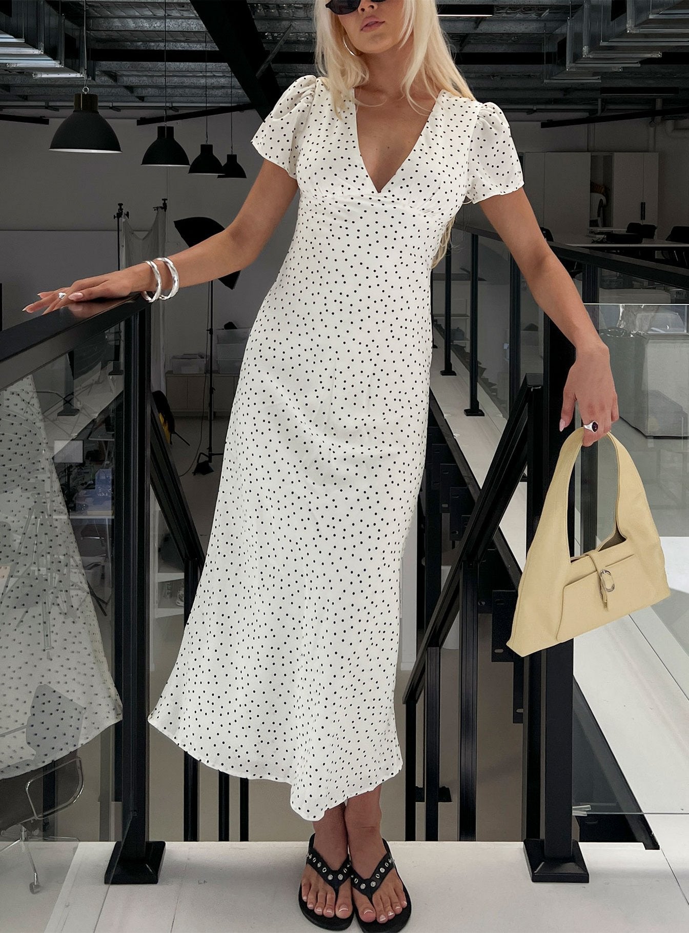 Mareiko V Neck Maxi Dress Cream Polka Dot - women's maxi dress by Ellevoria