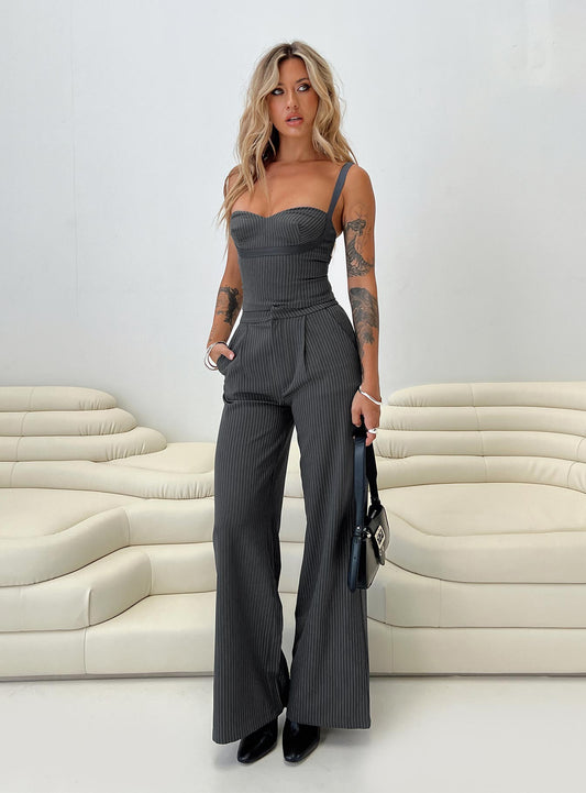 Briana Set Charcoal Pinstripe women's pant set by Ellevoria