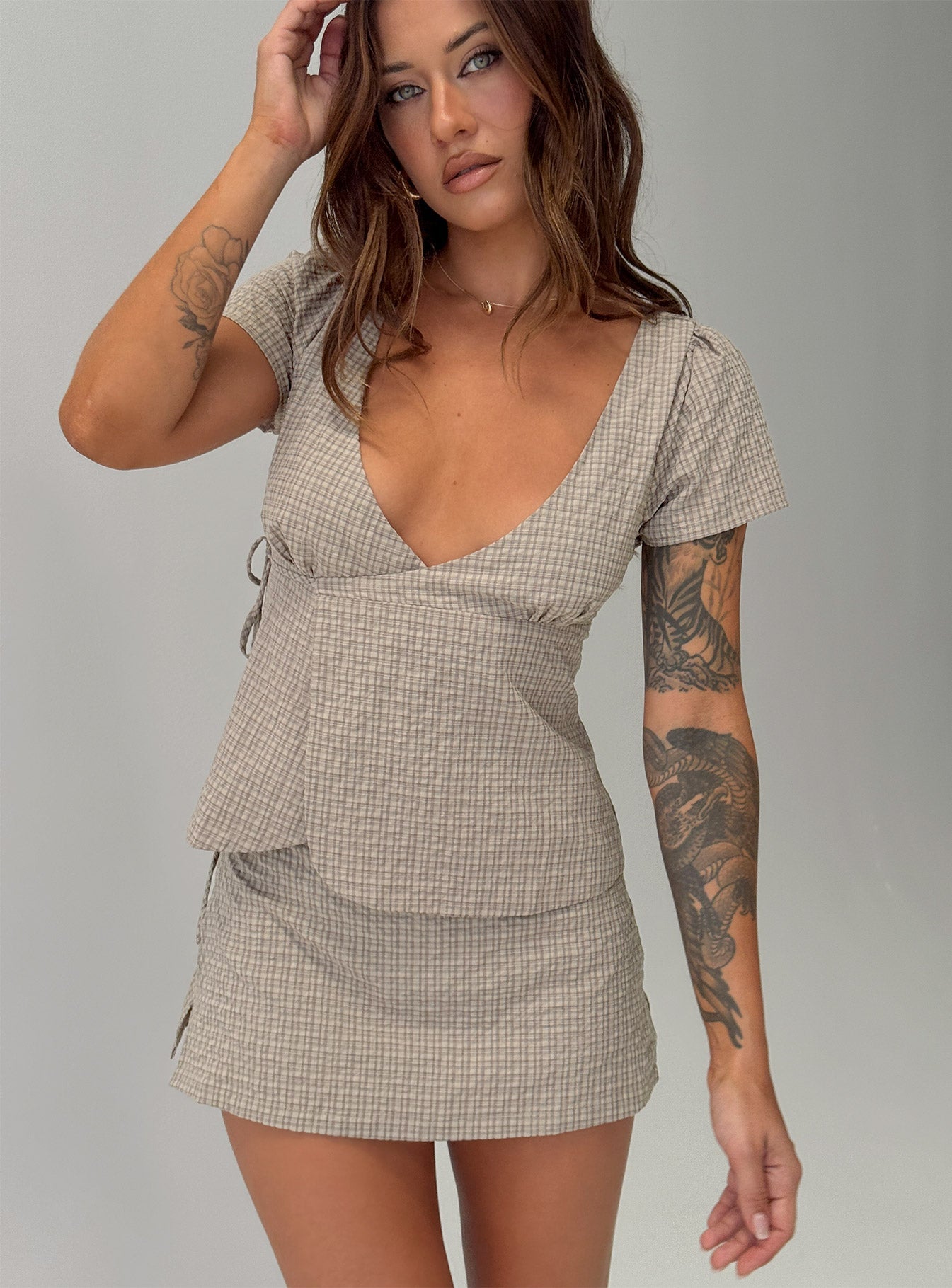 Emmilou Wrap Set Brown Check women's two piece set by Ellevoria