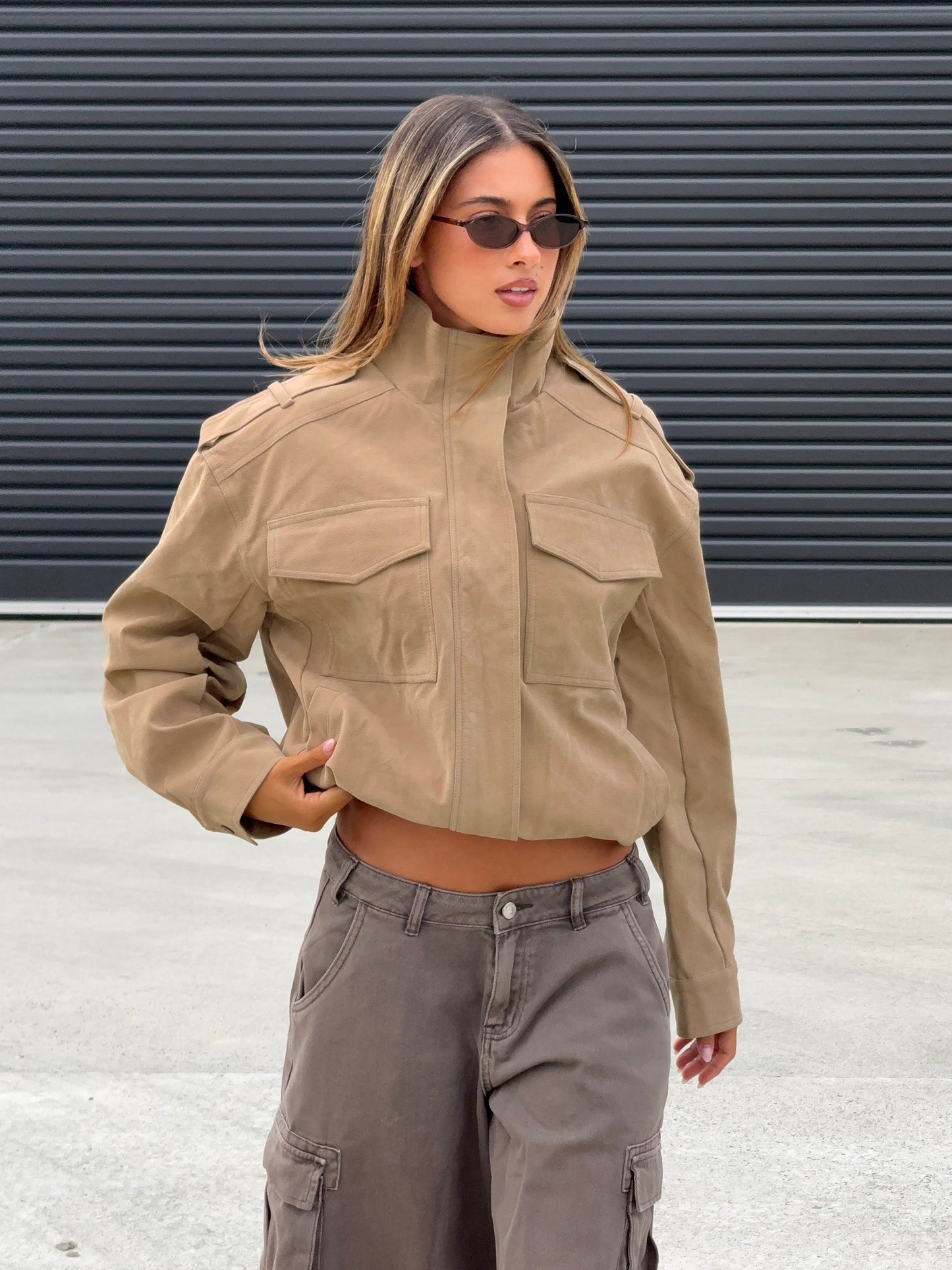 Double Life Funnel Neck Cargo Jacket Beige women's jacket by Ellevoria