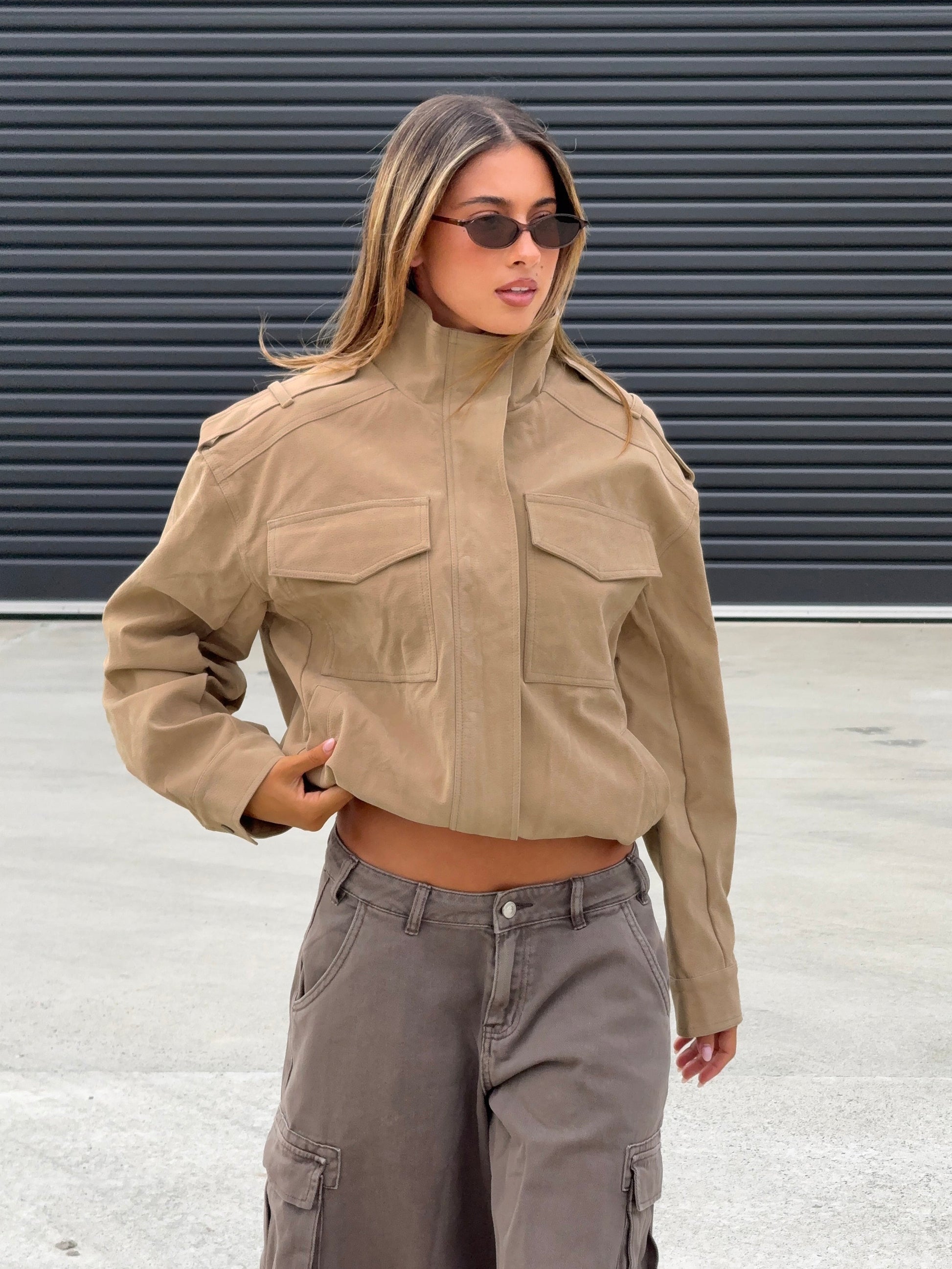 Double Life Funnel Neck Cargo Jacket Beige women's jacket by Ellevoria
