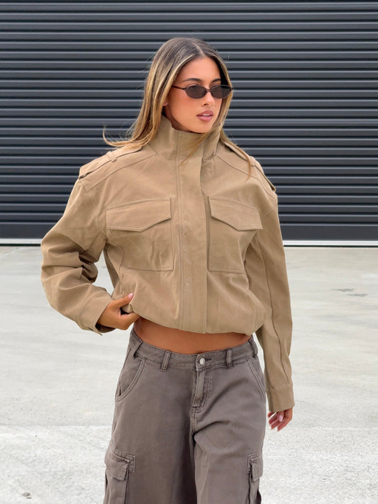 Double Life Funnel Neck Cargo Jacket Beige women's jacket by Ellevoria