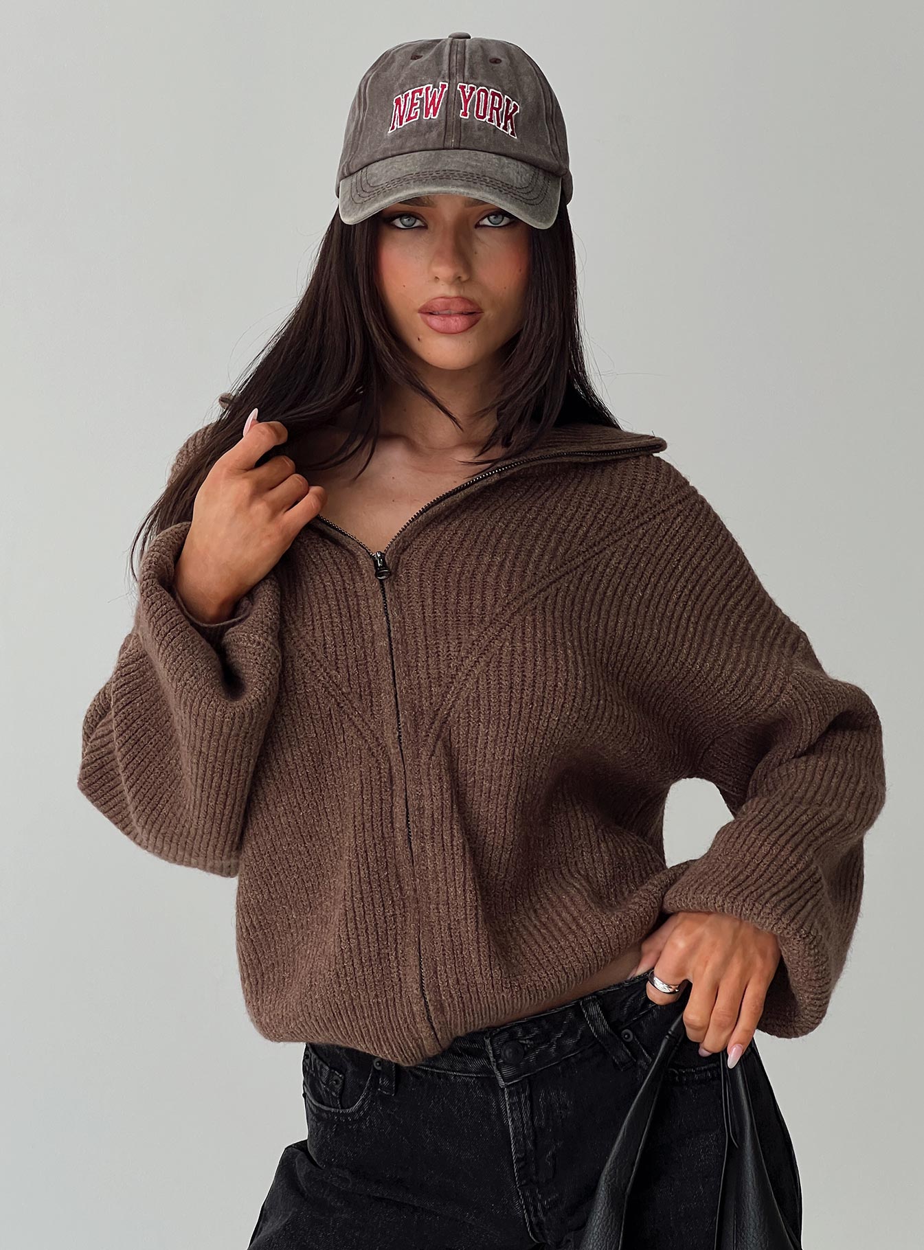 Hertford Zip Through Knit Sweater Brown women's sweater by Ellevoria