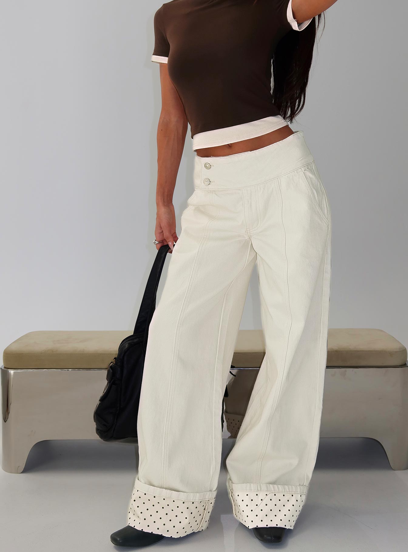 Nikoletta Foldover Jeans Cream / Polka women's denim jeans by Ellevoria