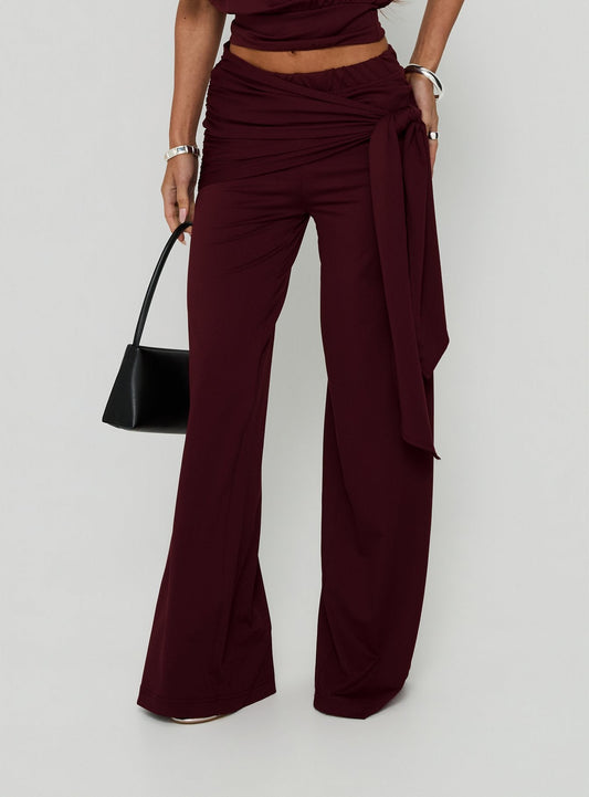 Hadlia Tie Waist Pants Burgundy women's pant set by Ellevoria