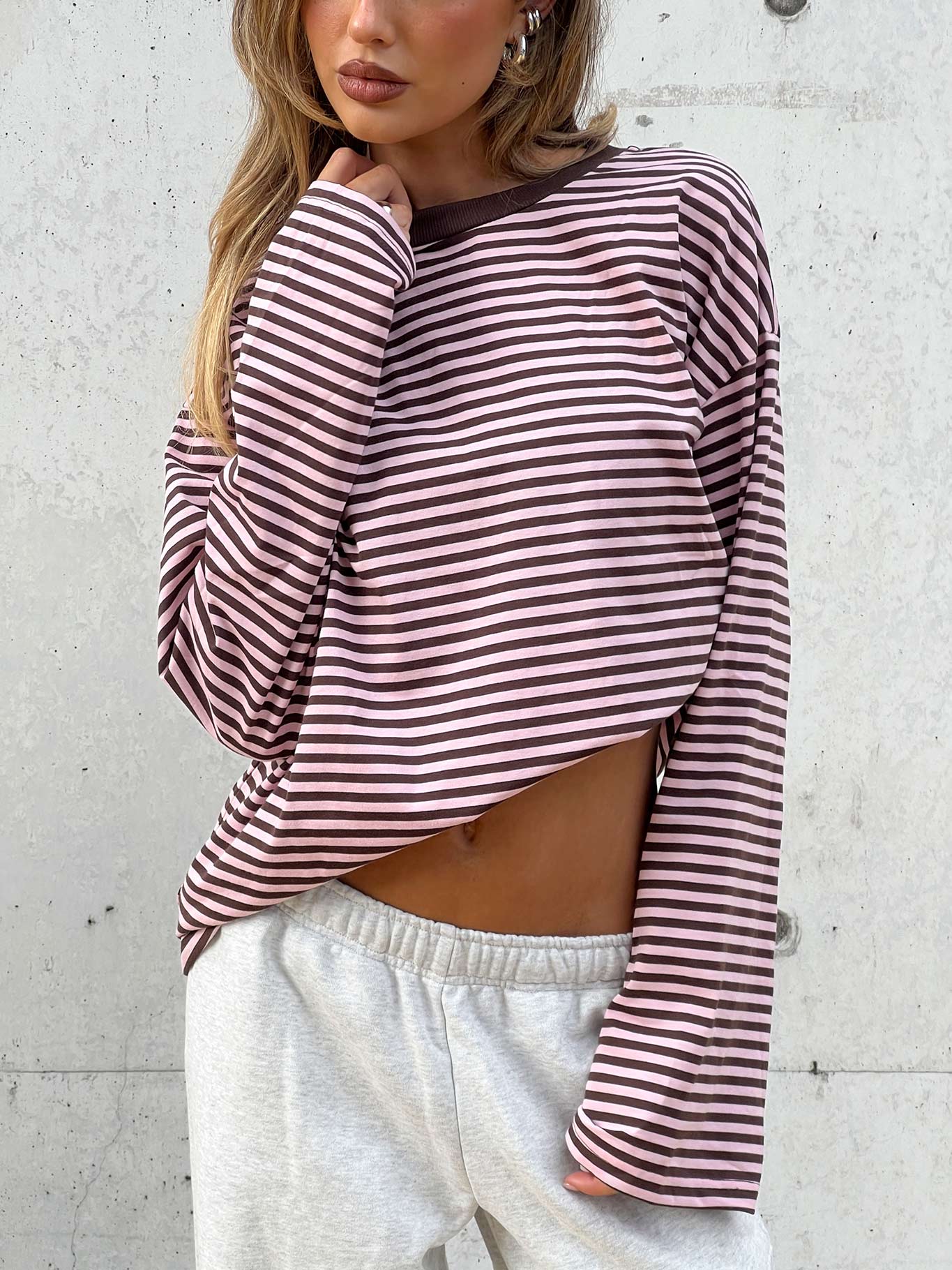 Settle Down Long Sleeve Top Pink / Brown Stripe women's two piece set by Ellevoria