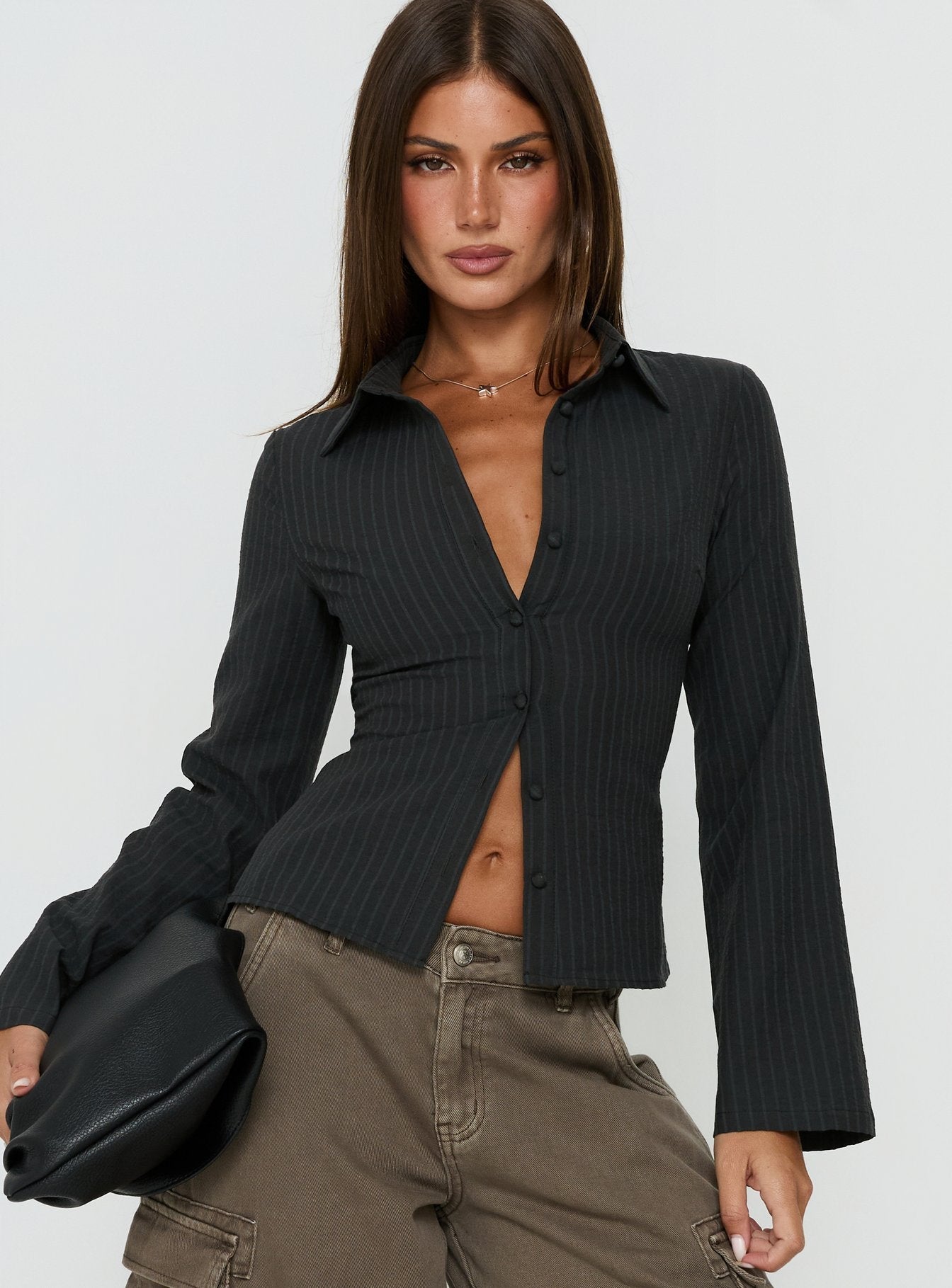 Anni Pinstripe Shirt Black - women's shirt by Ellevoria - view 2