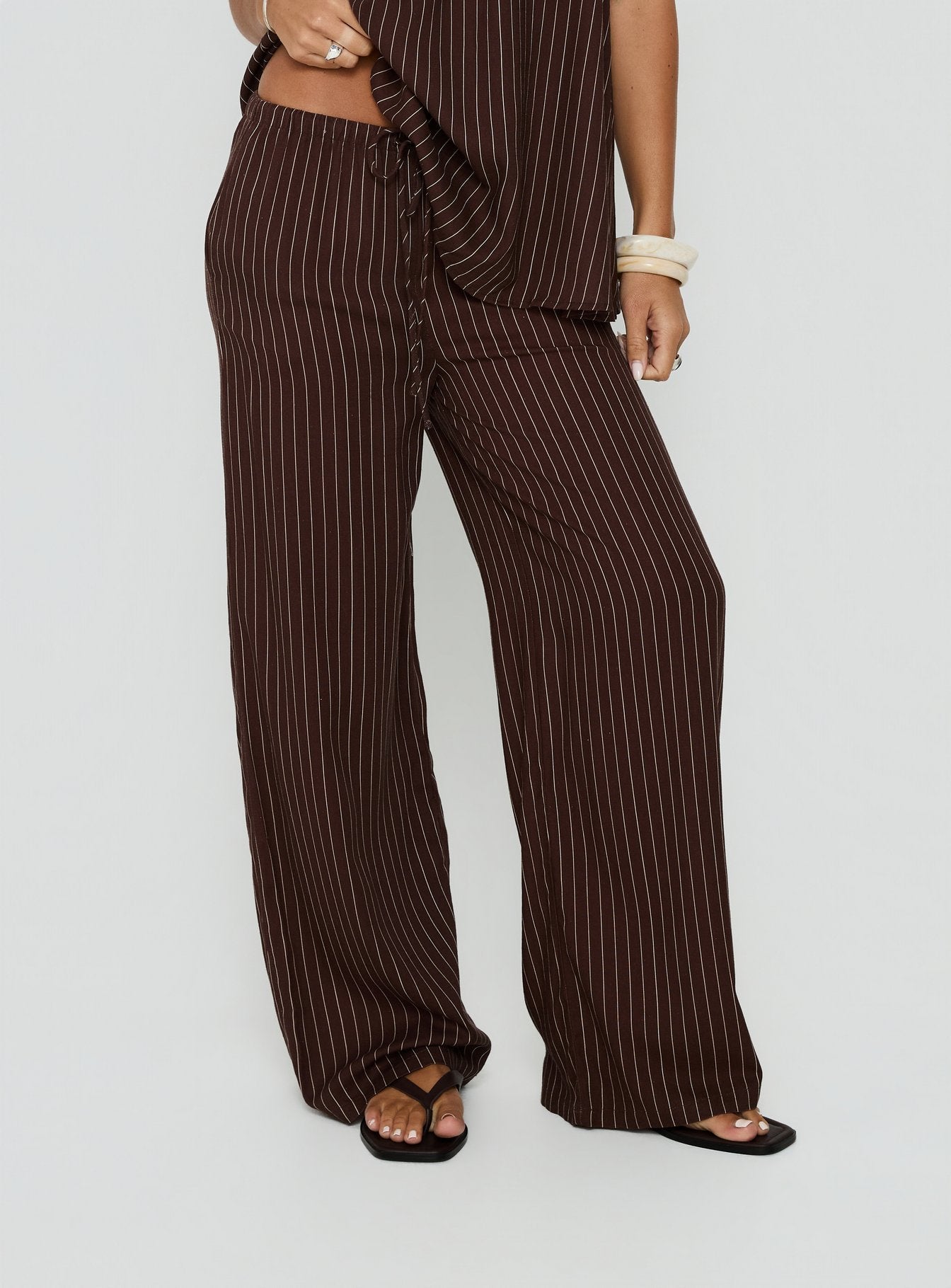 Amibella Mid Rise Wide Leg Pants Brown / Cream Stripe - loose fit women's bottoms by Ellevoria