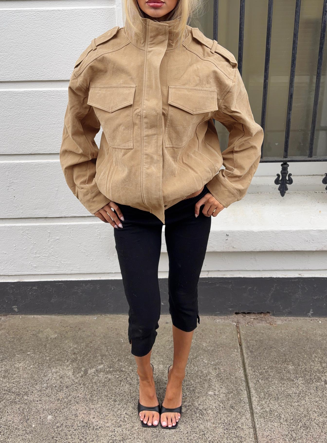 Double Life Funnel Neck Cargo Jacket Beige women's jacket by Ellevoria