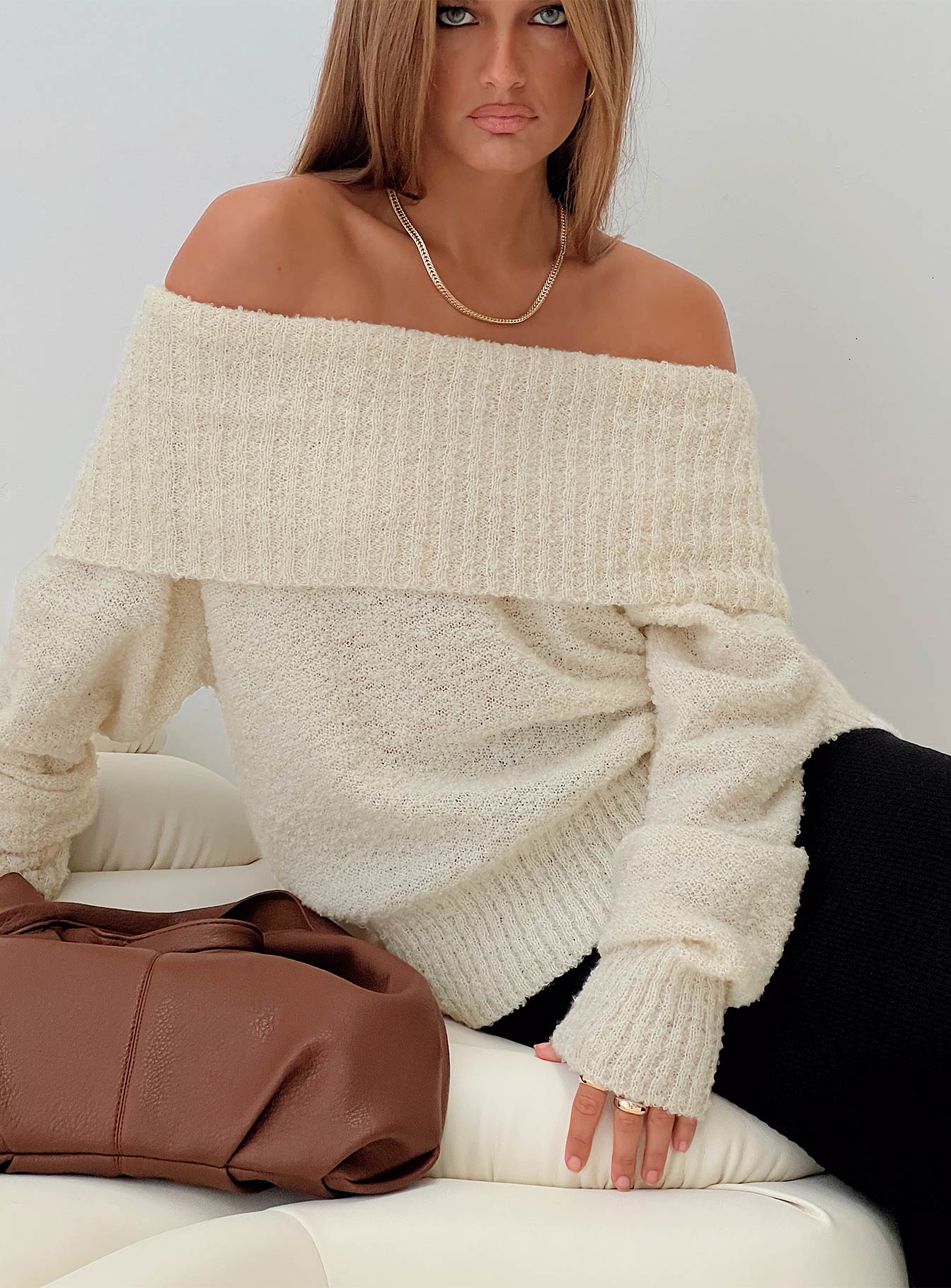 Parkley Boucle Off The Shoulder Sweater Cream women's sweater by Ellevoria