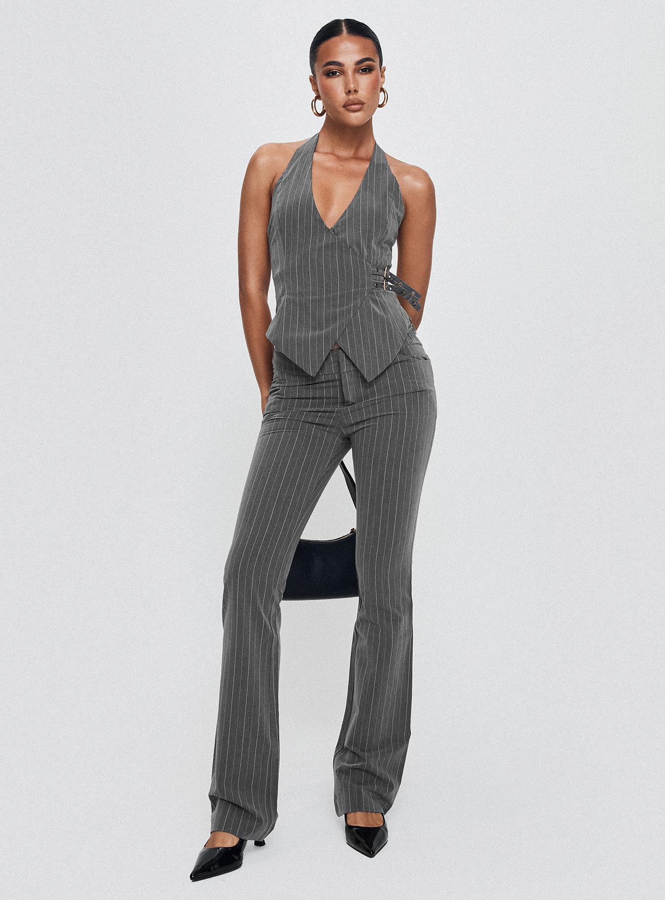 Calexico Buckle Pant Grey Pinstripe women's pant set by Ellevoria