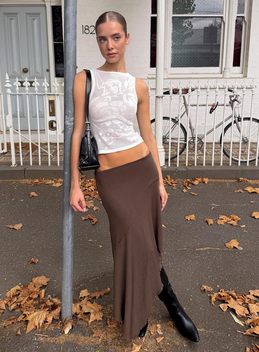 Futura Asymmetrical Midi Skirt Chocolate women's skirt by Ellevoria