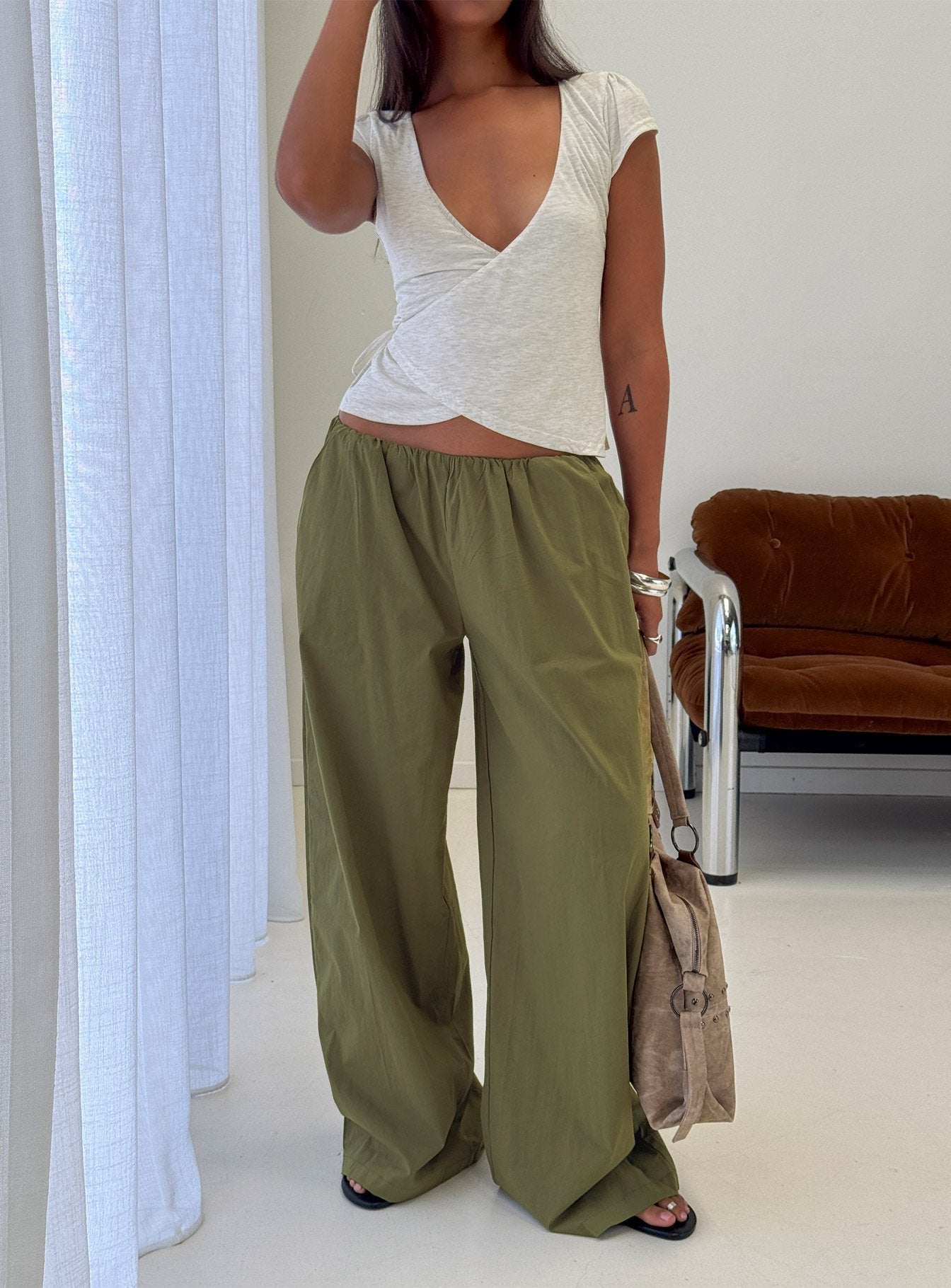 Lunea Concealed Waistband Pants Khaki - loose fit women's bottoms by Ellevoria