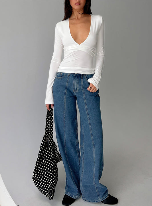 Lando Low Rise Straight Leg Jeans Mid Blue Wash women's denim jeans by Ellevoria