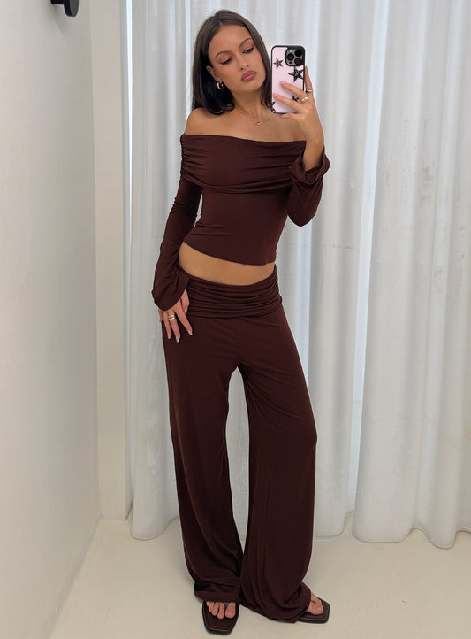 Fawne Ruched Folded Pants Brown women's pant set by Ellevoria