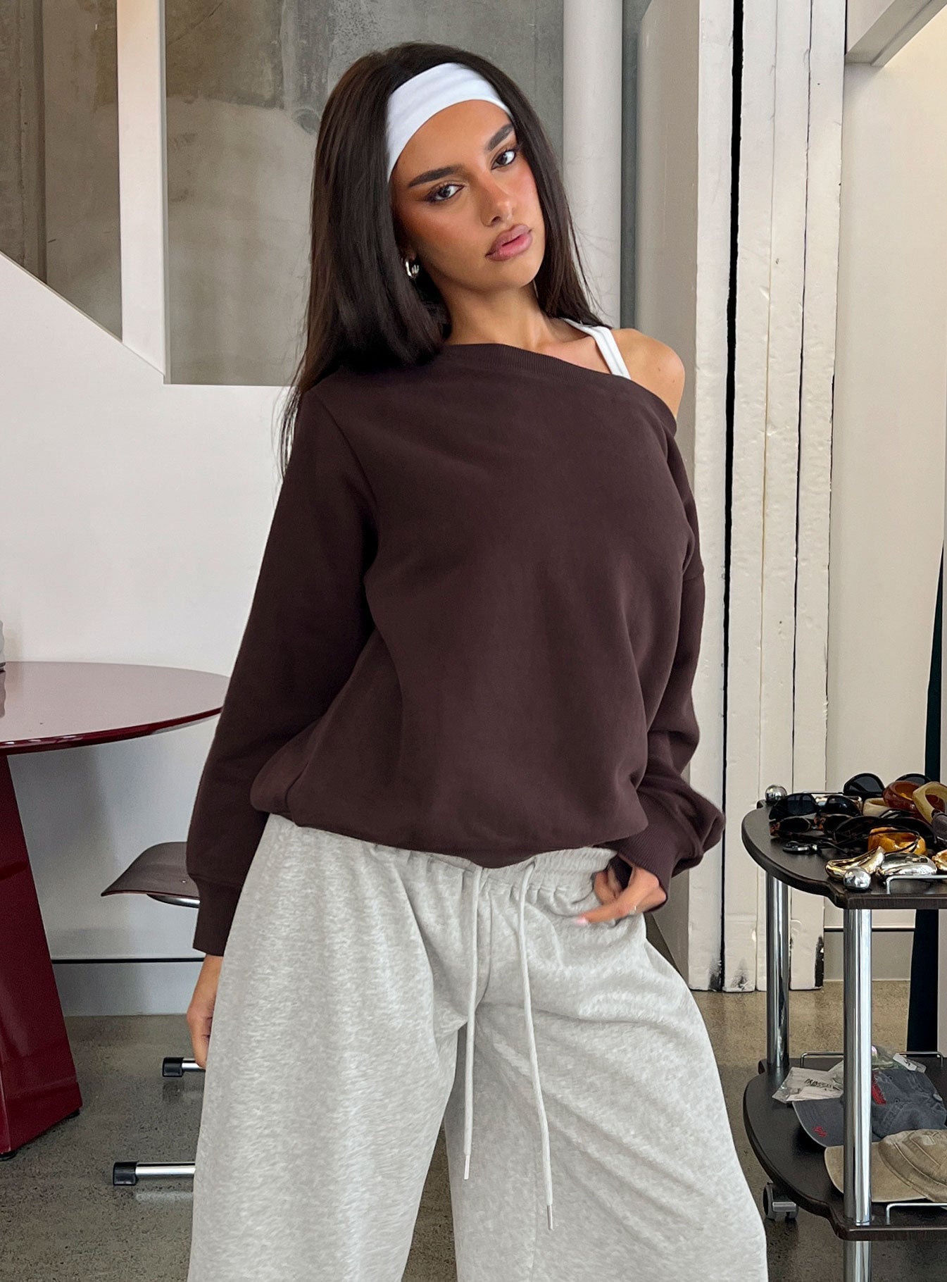Wellness Off The Shoulder Jumper Brown women's sweater by Ellevoria