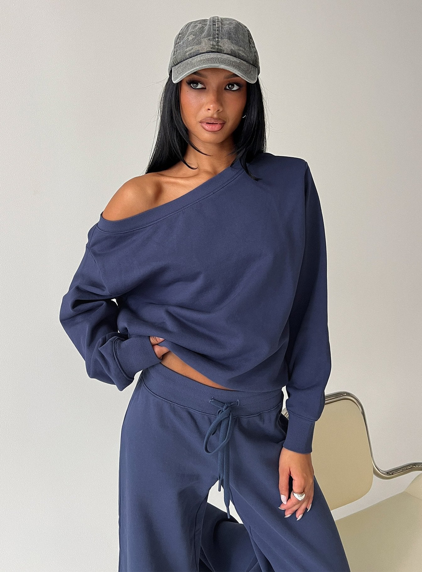 Wellness Off the Shoulder Jumper Navy women's sweater by Ellevoria