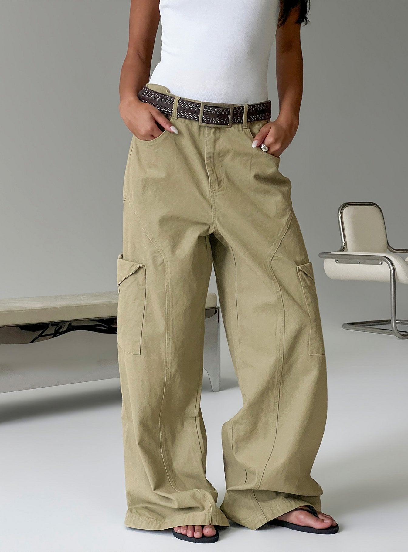 Sylene Pocket Detail Cargo Pants Khaki - loose fit women's bottoms by Ellevoria