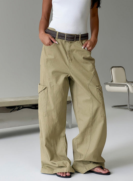 Sylene Pocket Detail Cargo Pants Khaki - loose fit women's bottoms by Ellevoria