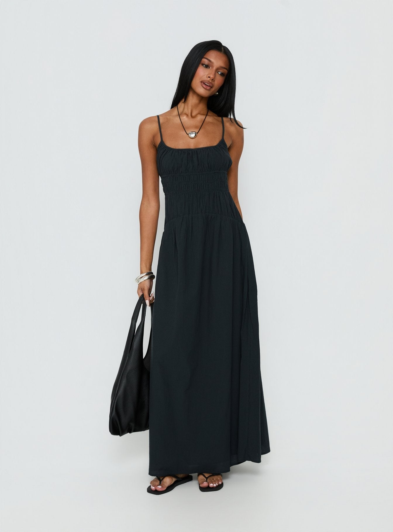 Magnolie Shirred Maxi Dress Charcoal - women's maxi dress by Ellevoria