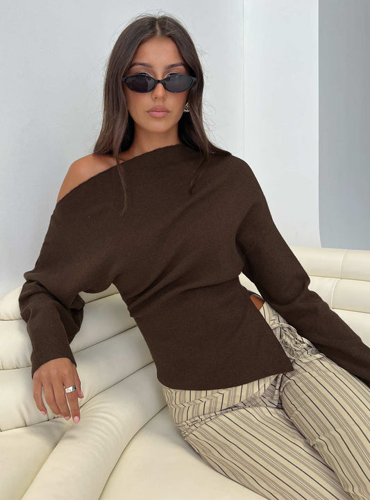 Kaelith Off Shoulder Knit Sweater Brown women's sweater by Ellevoria