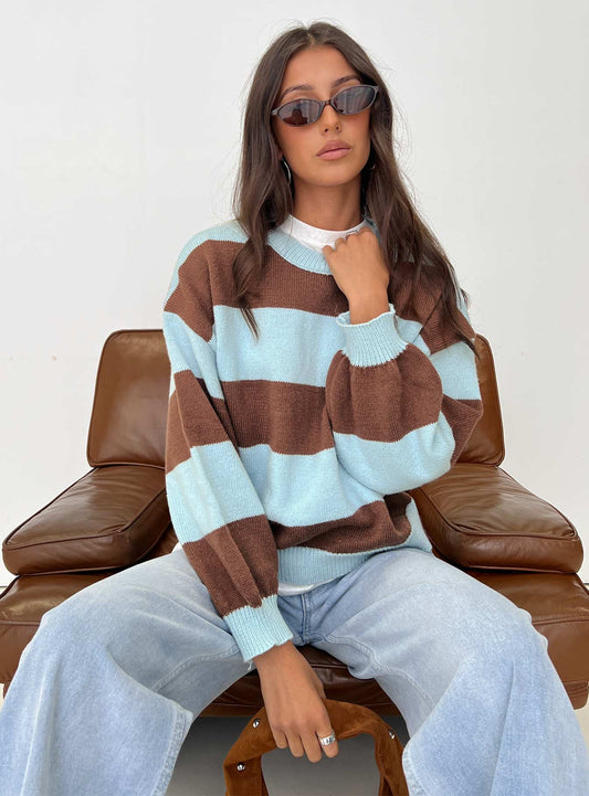 Ardentia Crew Neck Knit Sweater Aqua Stripe women's sweater by Ellevoria
