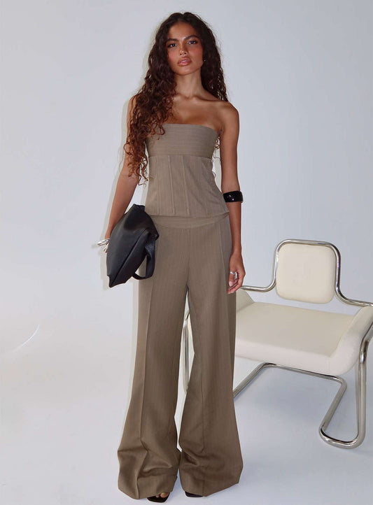 Madelle Mid Rise Straight Leg Pants Brown Pinstripe women's pant set by Ellevoria