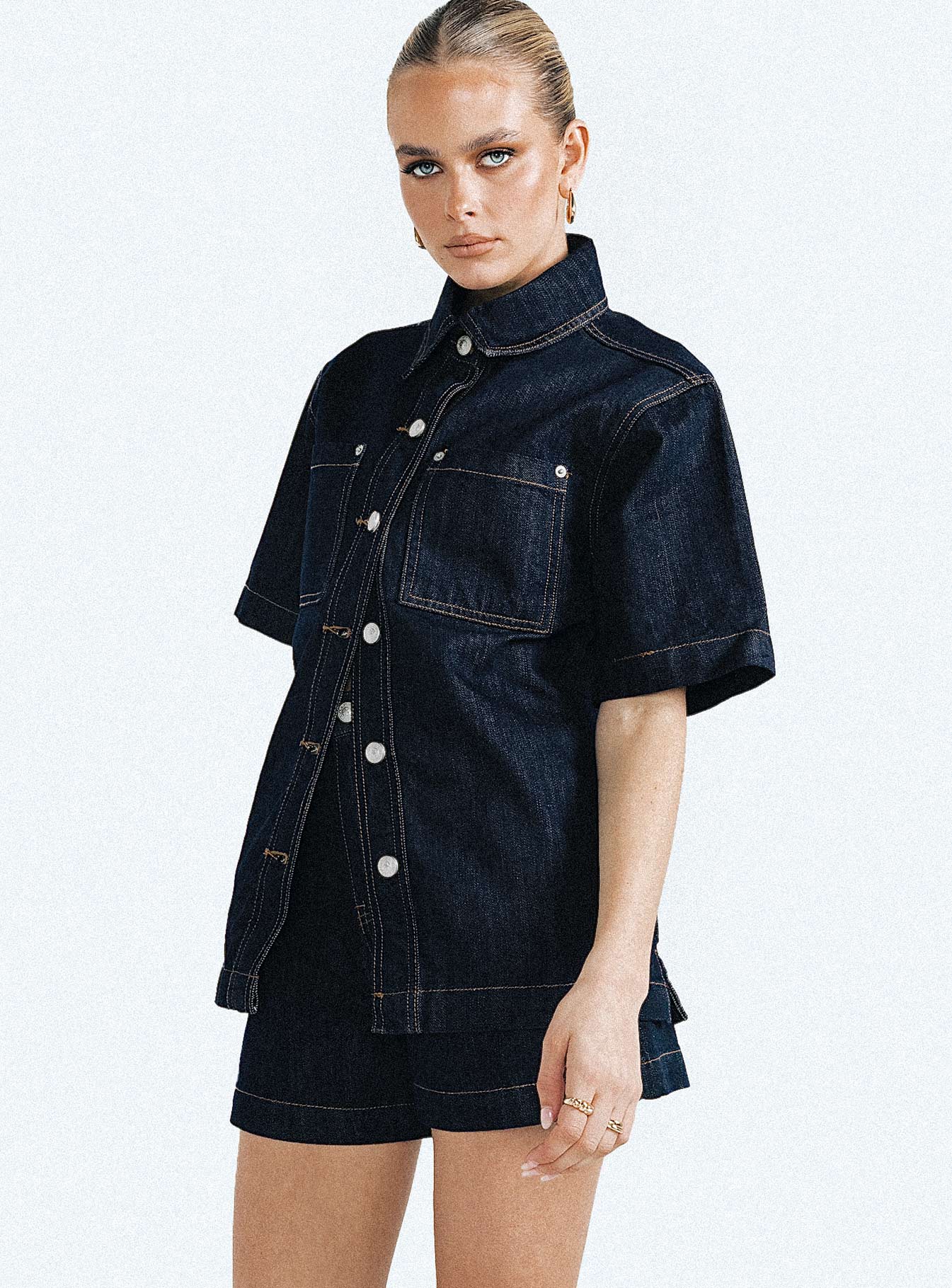 Whitaker Short Sleeve Shacket Dark Denim - women's shirt by Ellevoria