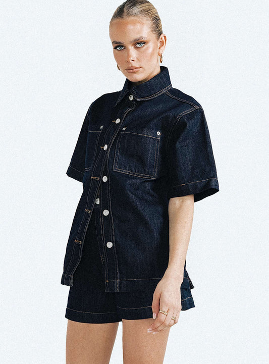 Whitaker Short Sleeve Shacket Dark Denim - women's shirt by Ellevoria