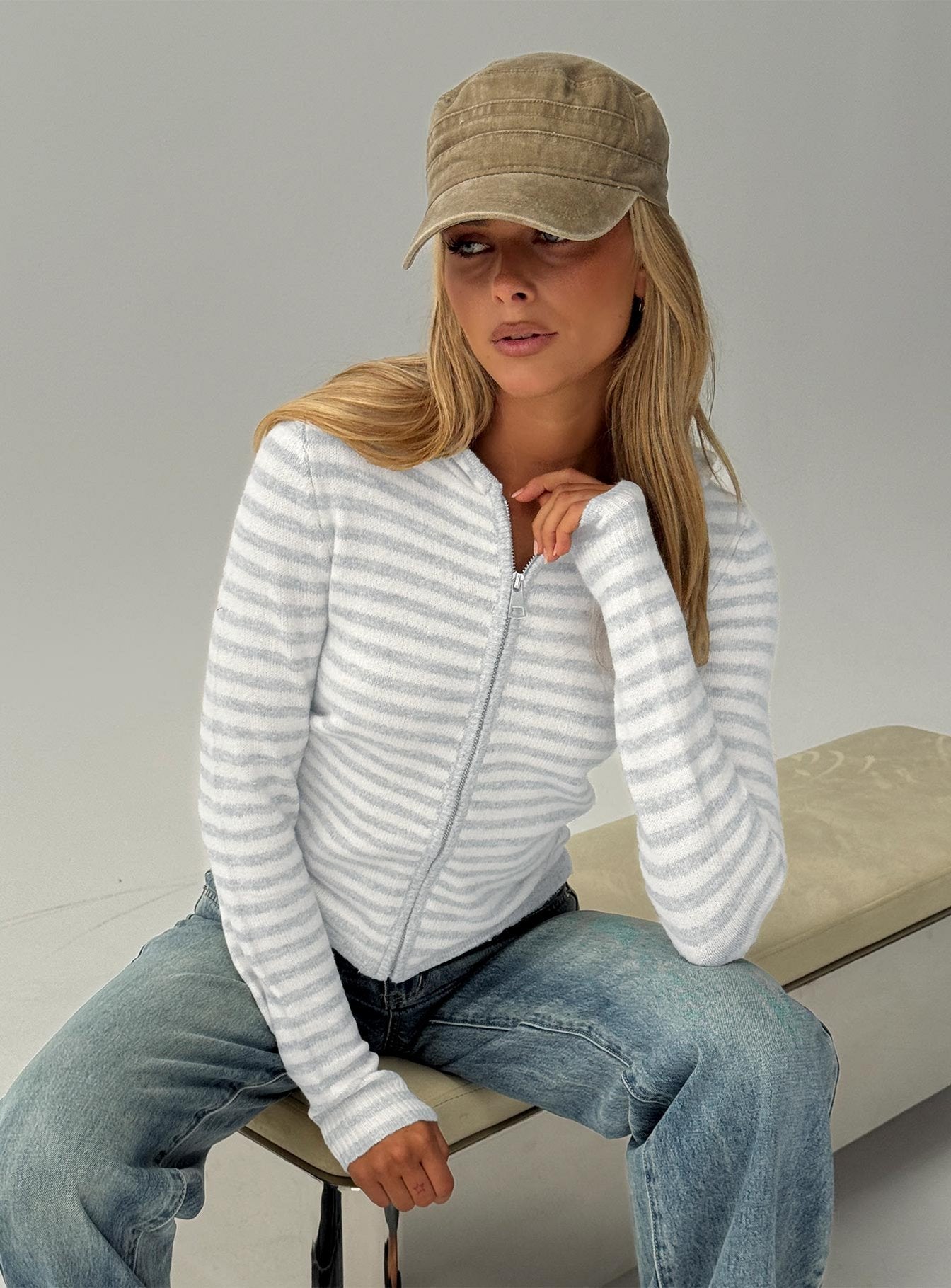 Superstars Zip Through Hoodie Grey / Cream Stripe women's sweater by Ellevoria