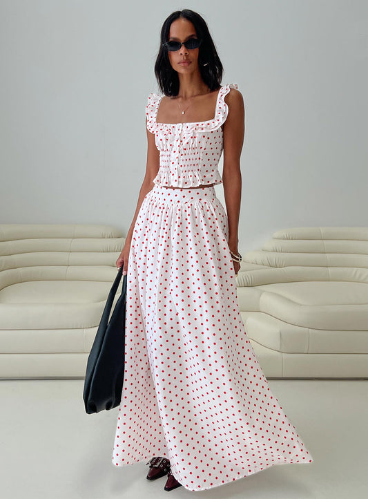 Valerio Maxi Skirt White / Red women's two piece set by Ellevoria