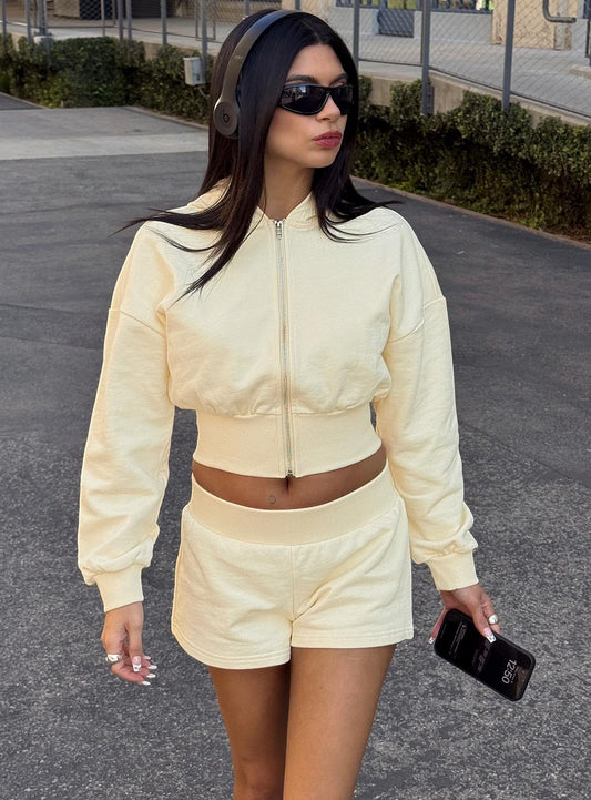 Daytime Cropped Blouson Hoodie Buttercream women's sweater by Ellevoria