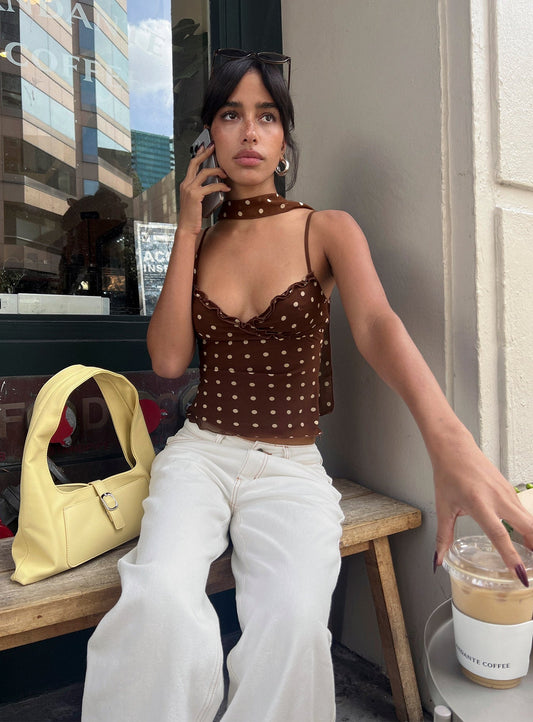 Mishy Scarf Detail Cami Top Brown Polka Dot - women's top by Ellevoria