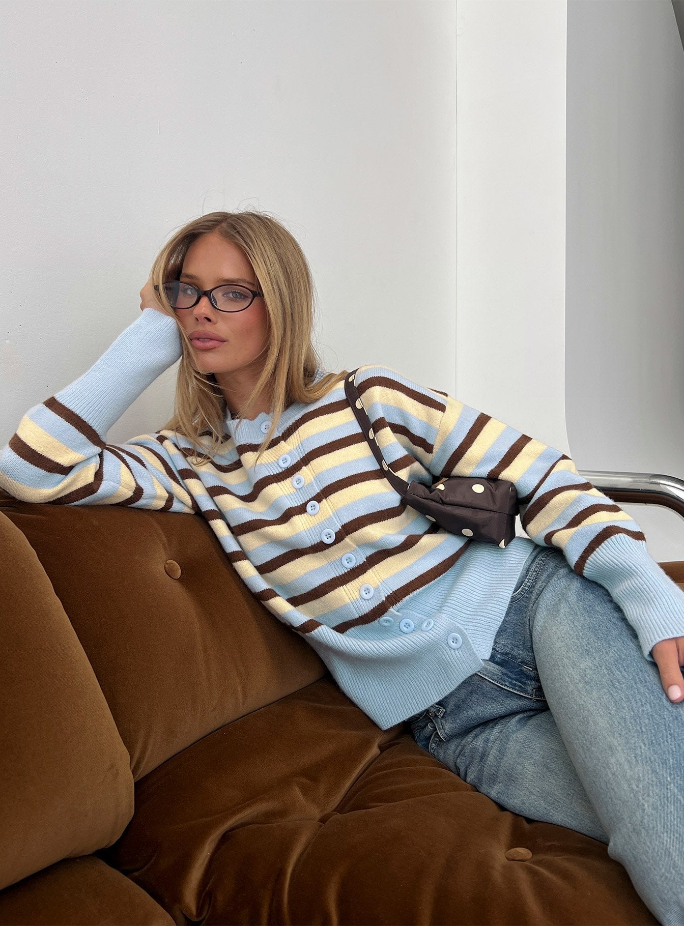 Rhitta Button Down Cardigan Multi Stripe women's sweater by Ellevoria