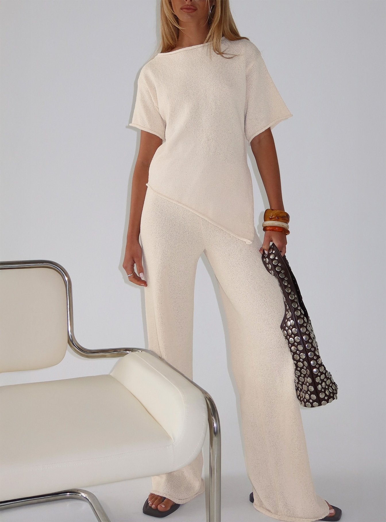 Calisse Knit Wide Leg Pants Beige women's pant set by Ellevoria