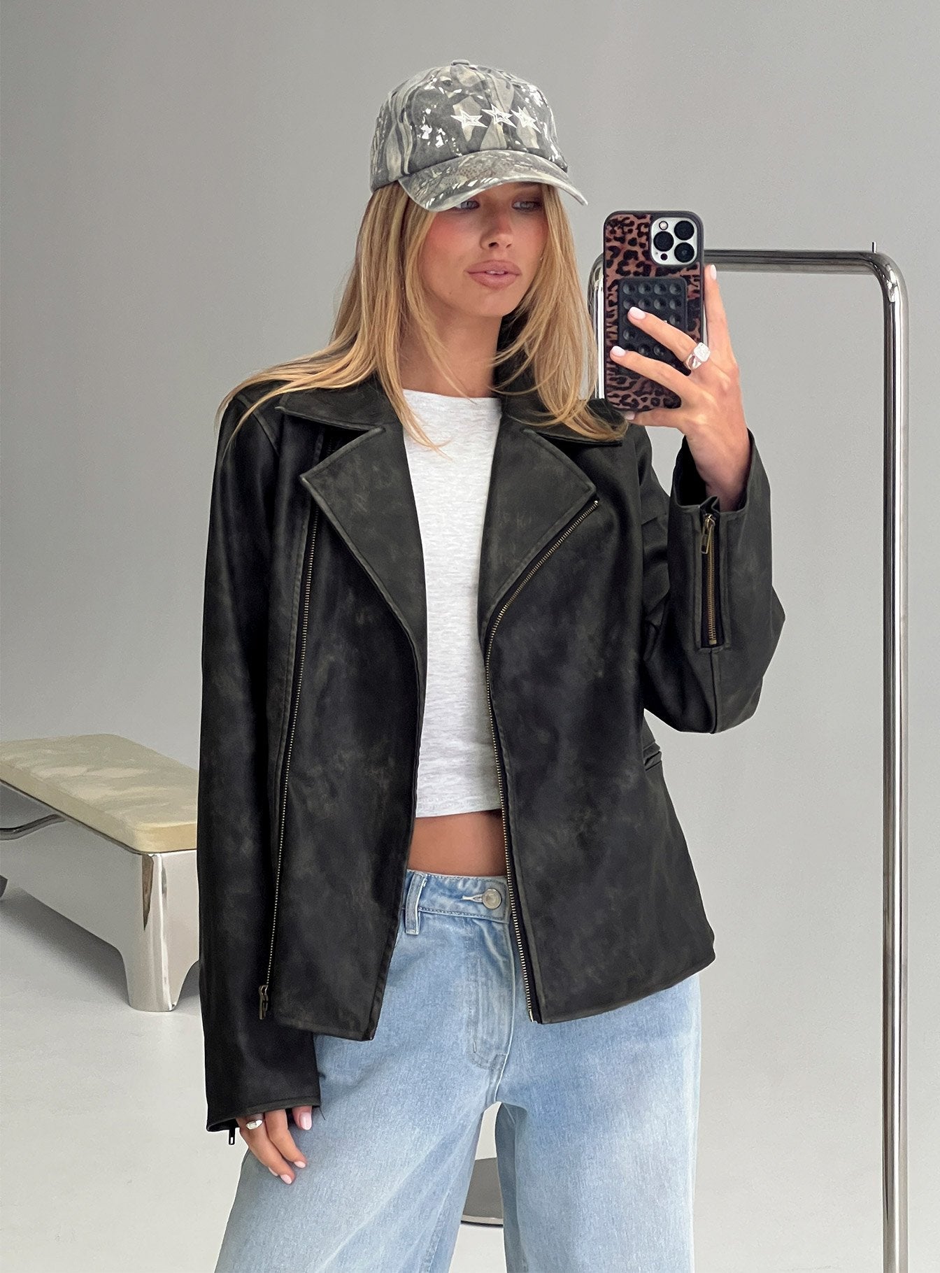 Vyolette Faux Leather Collared Jacket Washed Black women's jacket by Ellevoria
