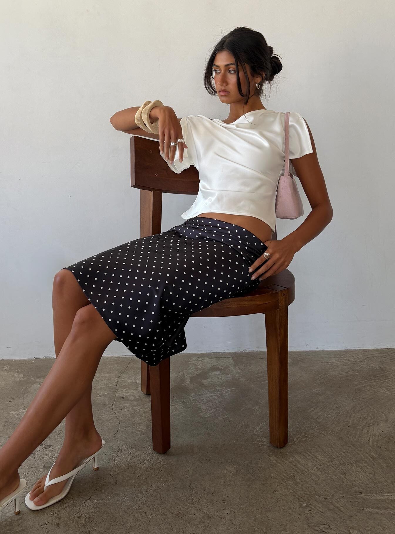 Somani Satin Midi Skirt Black Polka Dot women's two piece set by Ellevoria