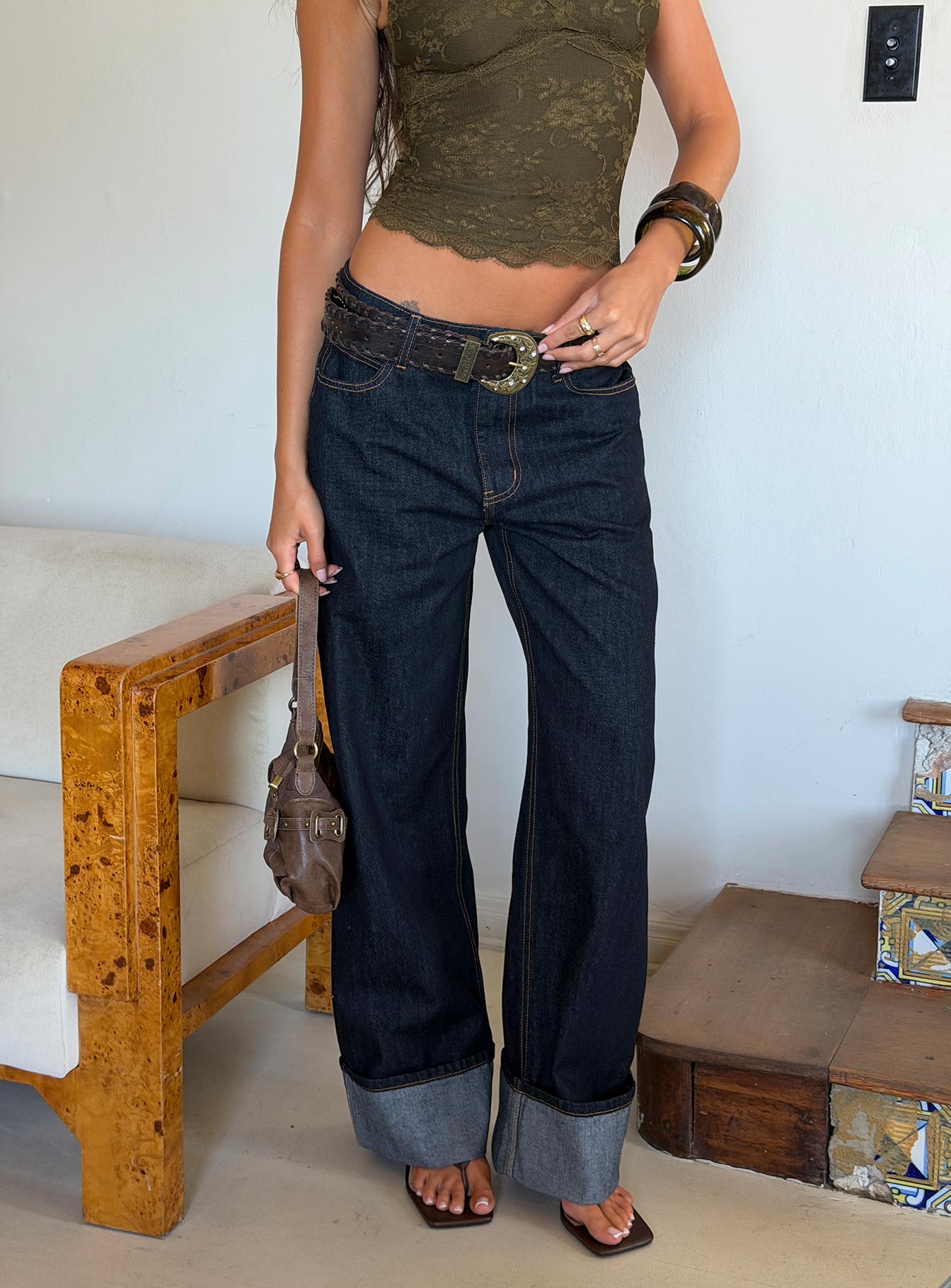 Top Model Low Rise Straight Leg Cuffed Jean Dark Denim women's denim jeans by Ellevoria