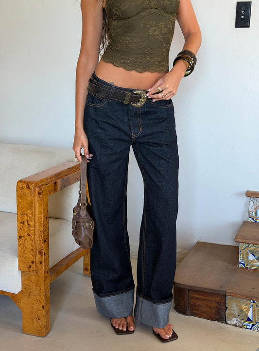 Top Model Low Rise Straight Leg Cuffed Jean Dark Denim women's denim jeans by Ellevoria