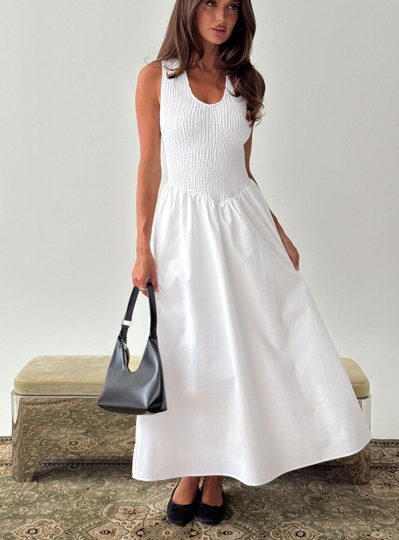 Highgate Drop Waist Pleat Detail Maxi Dress White - women's maxi dress by Ellevoria
