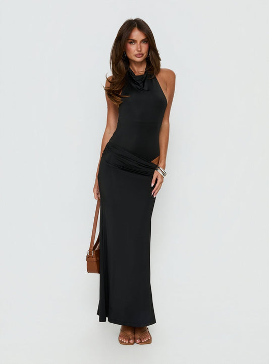 Arabel Halter Cowl Neck Maxi Dress Black - women's maxi dress by Ellevoria